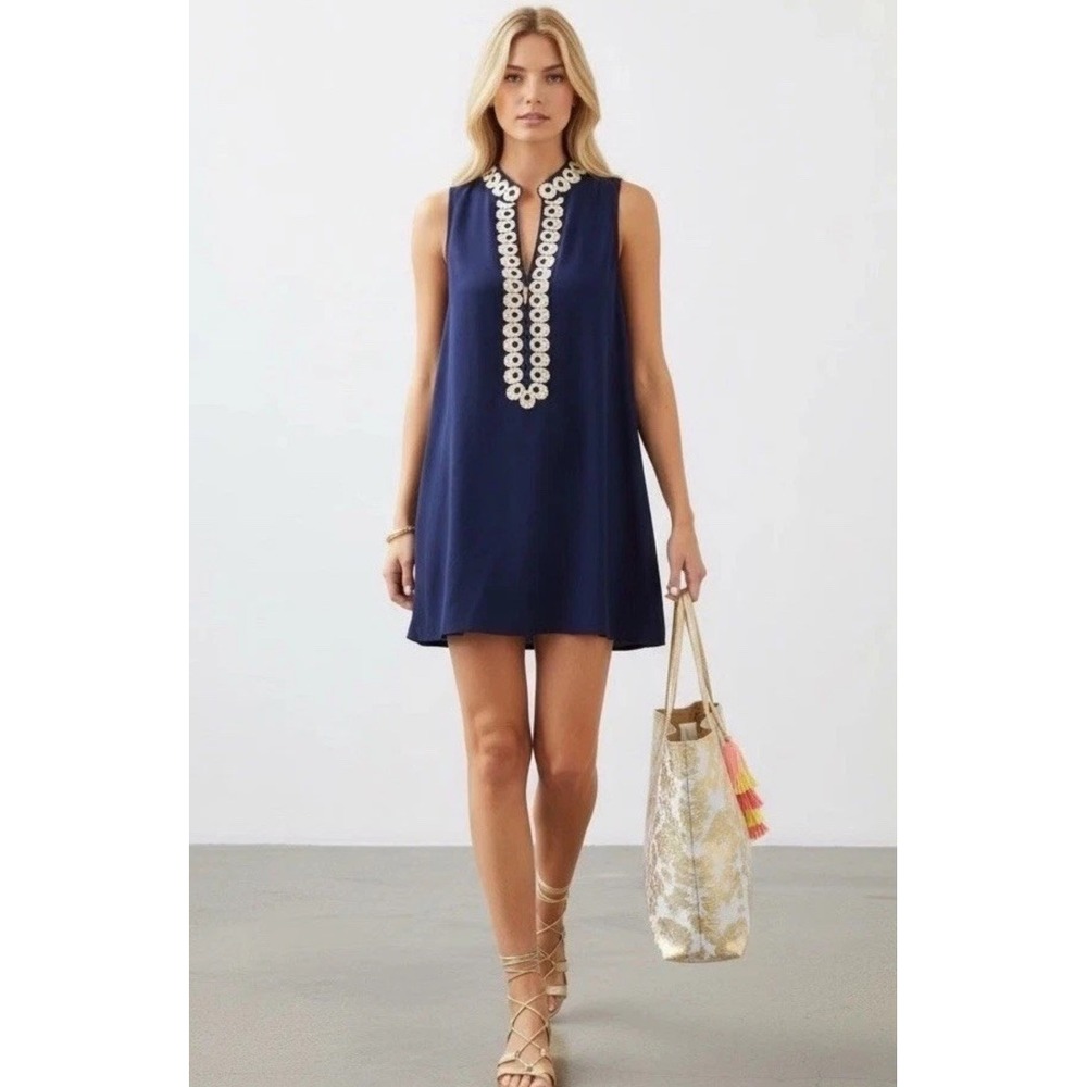 Lilly Pulitzer Jane Shift Dress 12 True Navy Blue Gold Circle Lace Applique
